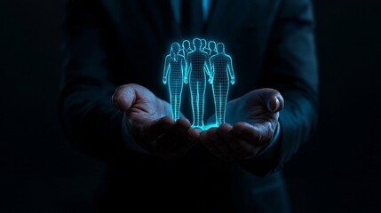 Businessman's hands holding a digital team.