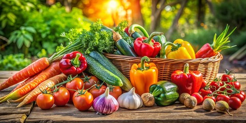 Vibrant Panoramic View of Fresh Mixed Vegetables on a Rustic Wooden Table Surrounded by Nature for Healthy Eating and Culinary Inspiration