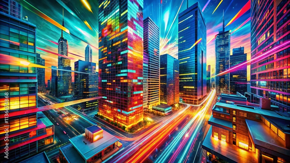 Poster vibrant patterns of energy and technology in an urban landscape emphasizing dynamic colors and moder