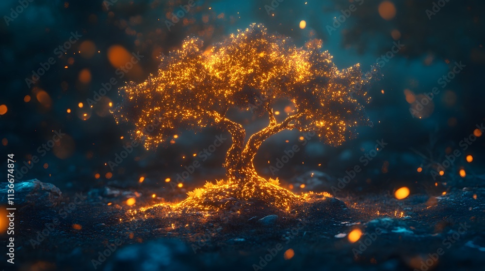 Aufkleber Enchanted Glowing Tree at Night Surrounded by Sparkling Lights and Soft Bokeh, Capturing a Magical and Ethereal Atmosphere in a Mystical Forest