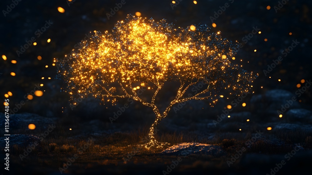 Poster glowing tree at night surrounded by magical lights creating a dreamlike atmosphere of enchantment an