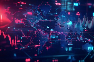 Obraz premium Abstract visualization of the global economic impact of COVID-19, featuring fluctuating stock market graphs and trade symbols, set against a backdrop of interconnected world maps. 