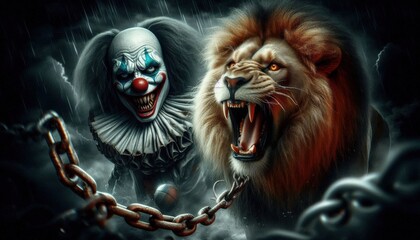 Fototapeta premium portrait of a lion on chain with clown in circus content created with generative AI software.