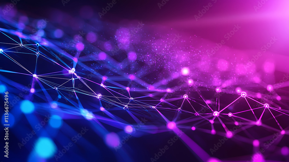 Poster abstract futuristic background with pink blue glowing neon lines and bokeh lights. data transfer con