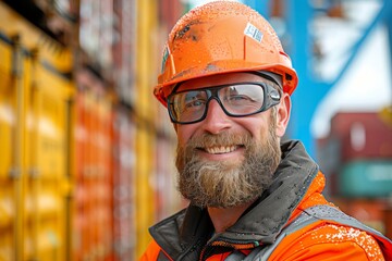 Smiling dock worker in safety gear during rainy day at shipping yard