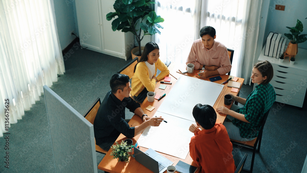 Poster top view of manager standing and present idea at whiteboard. group of diverse people listen presenta