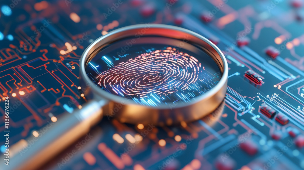 Poster a magnifying glass highlights a digital fingerprint on a microchip, symbolizing cybersecurity and di