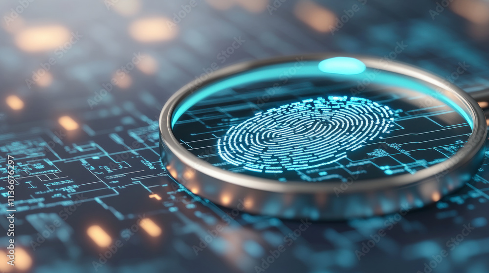 Poster a digital fingerprint under a magnifying glass, symbolizing cybersecurity and data analysis amidst a