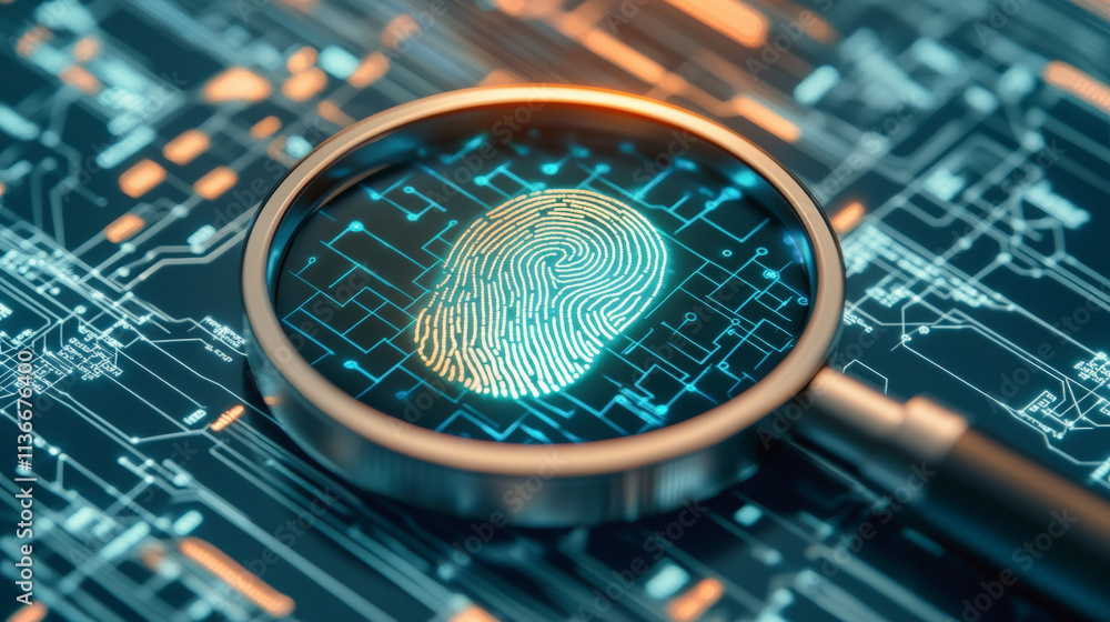 Poster a magnifying glass highlights a digital fingerprint over a circuit board, symbolizing cybersecurity 