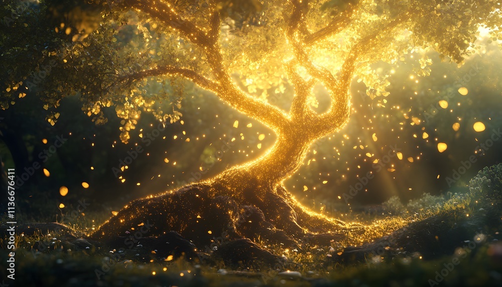Aufkleber Enchanted Radiance of an Illuminated Tree in a Magical Forest with Glowing Leaves and Sparkling Light Particles in a Dreamlike Setting