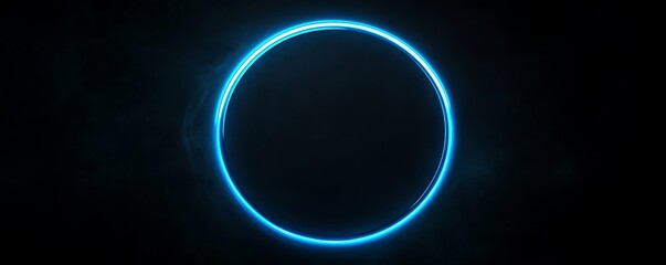 Bright 3D neon blue circle frame with a glowing edge against a dark neon black backdrop, creating a striking contrast.