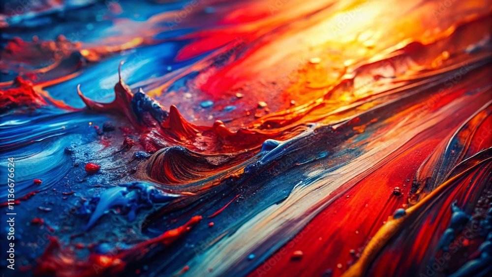 Poster vibrant red and blue paint blending together on canvas creating a stunning abstract art piece with h