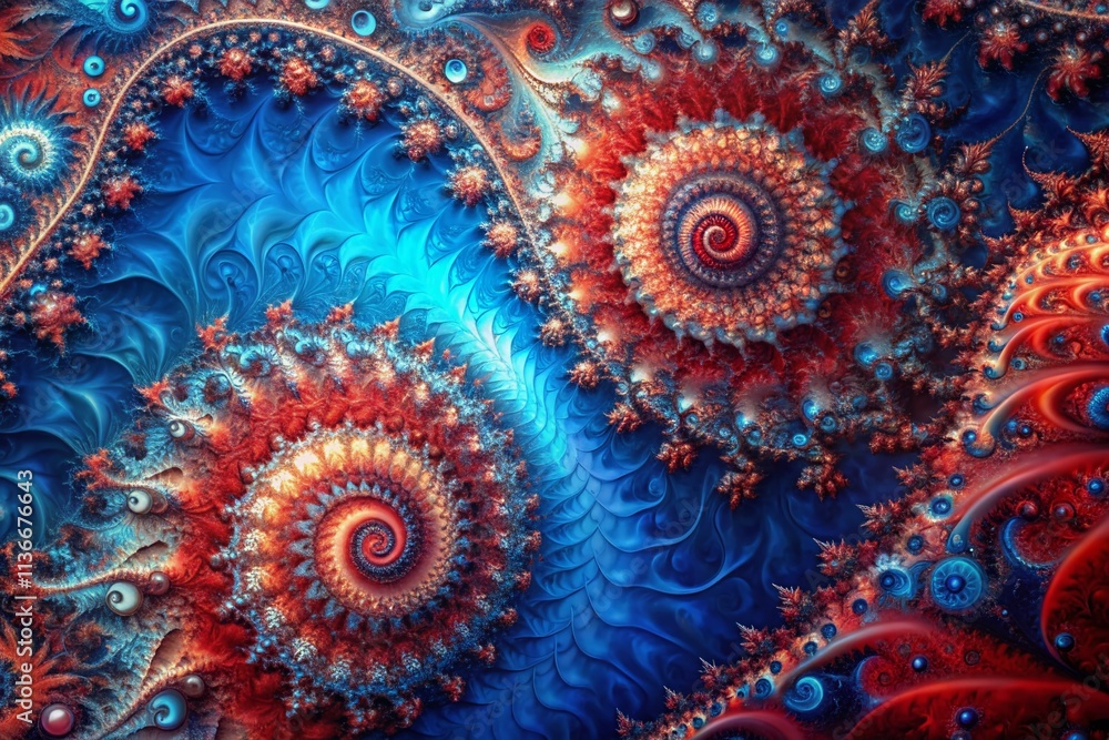 Poster vibrant red and blue abstract fractal background with high depth of field for modern digital art and