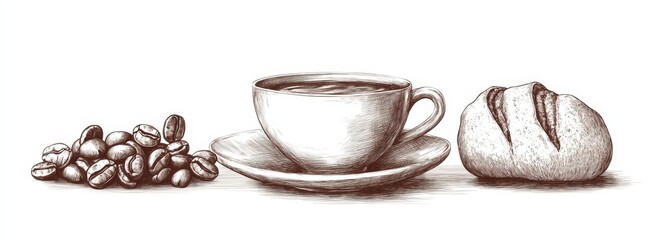 Hand drawn coffee beans and coffee cup and bun composition background