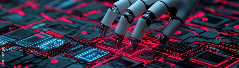 Poster a robotic hand interacts with intricate circuits on a glowing red and black background, symbolizing 