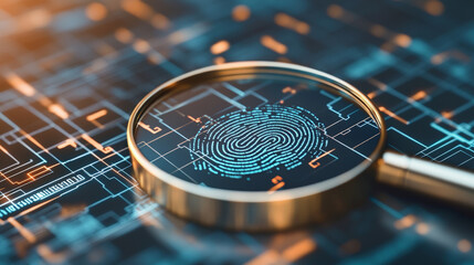 A magnifying glass focuses on a digital fingerprint overlaid on a circuit board, symbolizing technology, security, and data analysis.