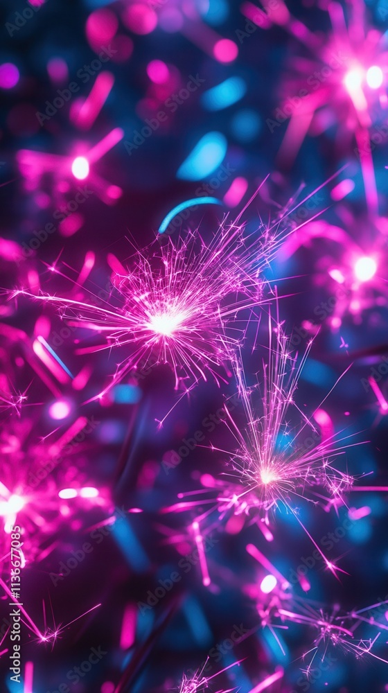 Poster a vibrant close-up image featuring glowing sparkles in shades of pink and blue, creating a mesmerizi