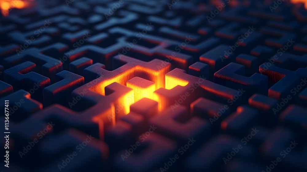 Poster Abstract maze design with glowing lines and intricate patterns showcasing geometric shapes and a captivating play of light and shadow in a digital environment