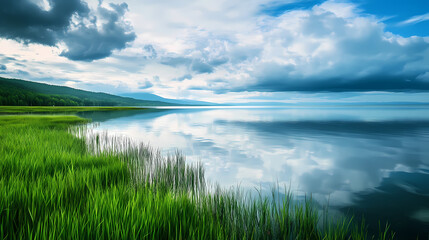 Lush green grass at the edge of baikal on a cloudy day with soft waves on the lake's surface and a mirrored sky above , waves, outdoor scene, peaceful. Mirrored. Illustration