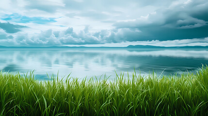 Obraz premium Lush green grass at the edge of baikal on a cloudy day with soft waves on the lake's surface and a mirrored sky above , waves, outdoor scene, peaceful. Mirrored. Illustration