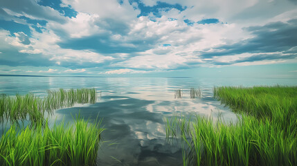 Obraz premium Lush green grass at the edge of baikal on a cloudy day with soft waves on the lake's surface and a mirrored sky above , waves, outdoor scene, peaceful. Mirrored. Illustration