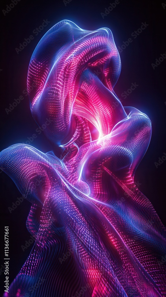 Poster a vibrant abstract representation of flowing shapes with neon lights in blue and pink tones, creatin