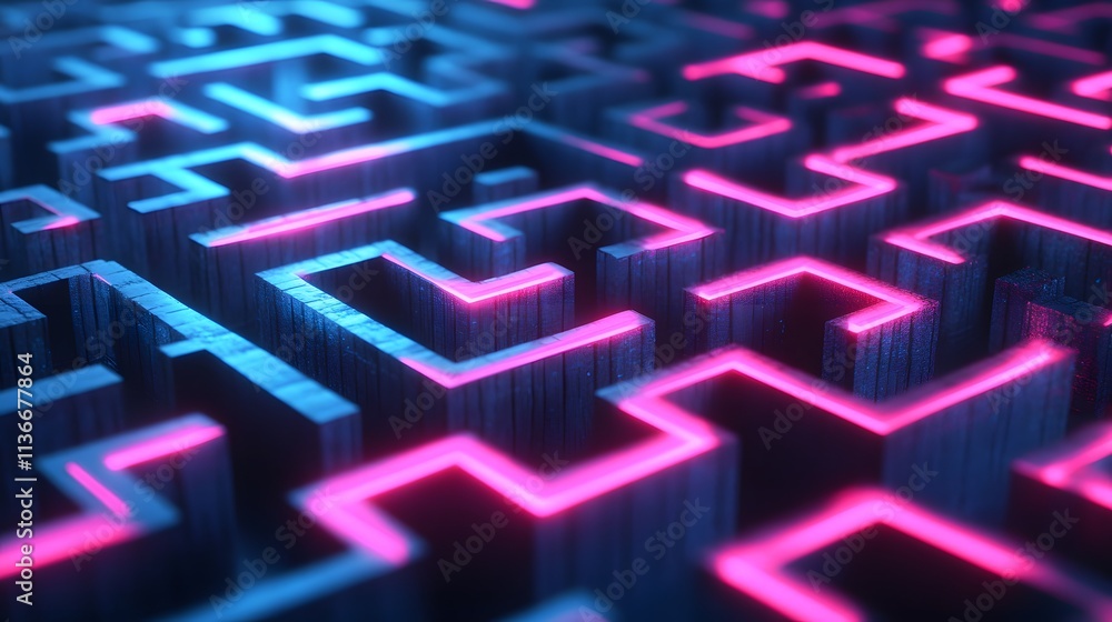 Aufkleber Intricate Maze Structure with Neon Lights in a Futuristic Design Featuring Blue and Pink Glows on Textured Surface for Digital Art and Technology Themes