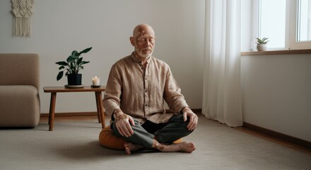 Fototapeta premium Elderly asian male meditating indoors with peaceful ambiance for mindfulness and relaxation practices