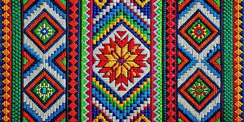 Vibrant Set of Mexican Patterns in Huichol Style Featuring Native American Beading with Rich Colors and Intricate Designs, Perfect for Cultural Decor and Textile Applications