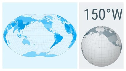 World Map Animation. Ginzburg IV projection. Colored countries style. Animated world map in Ginzburg 4 projection. Loopable animation showing longitude shift and matching globe.