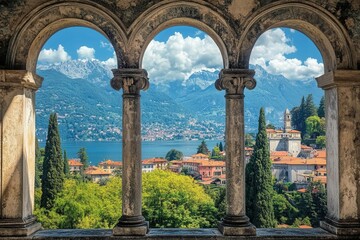 Magnificent panorama of Locarno, Lake Maggiore, and the Swiss Alps from the Madonna del Sasso Church in Ticino, Switzerland