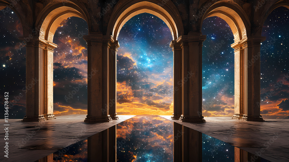 Wall mural mirrored galaxy archway twilight window reflection space landscape. mirrored. illustration
