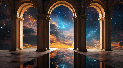 Fototapeta premium Mirrored galaxy archway twilight window reflection space landscape. Mirrored. Illustration