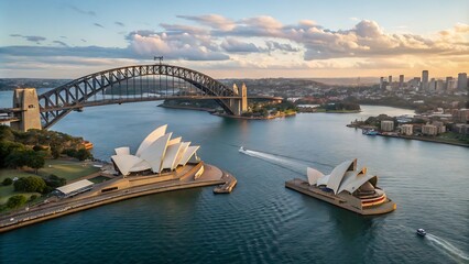 Major architecture landmarks of the city of Sydney and Australia around Sydney harbour in elevated aerial view in warm smooth sunlight at the morning. generative ai