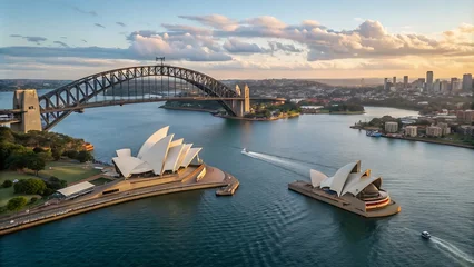 Major architecture landmarks of the city of Sydney and Australia around Sydney harbour in elevated aerial view in warm smooth sunlight at the morning. generative ai