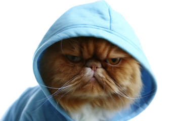 grumpy persian cat in blue hoodie PNG on white background.AI GENERATED
