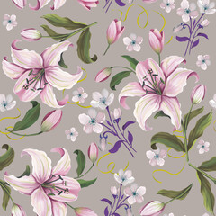 Beautiful lily flowers and spring flowers oil painting seamless pattern. Realistic and wonderful pattern for wallpaper and fabric.