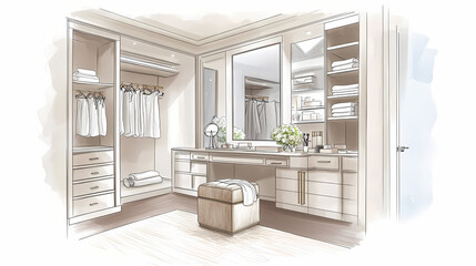 Fototapeta premium Modern minimalist dressing room with floating makeup vanity, mirrored closet doors, soft neutral colors. Mirrored. Illustration