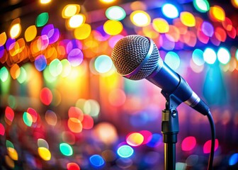 Obraz premium Vibrant Stage Mic: Concert Microphone Closeup, Colorful Lights, Performance Photography