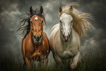A red and palomino horse with a long blonde mane running across a field