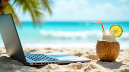 A picturesque beach scene with a laptop and a tropical drink, symbolizing work-life balance or working remotely on summer Fridays.