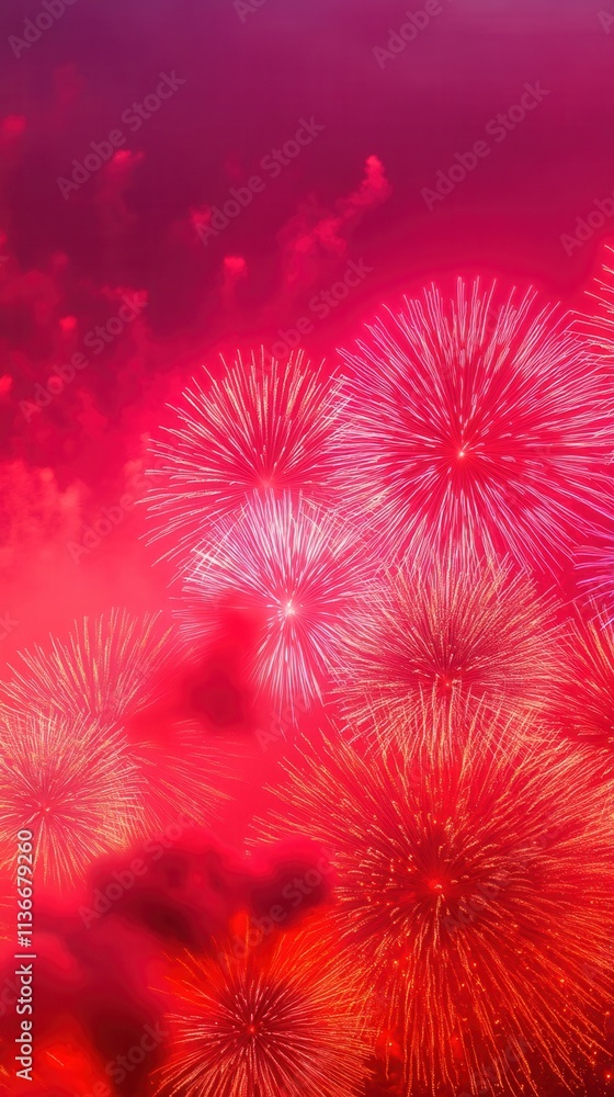 Poster vibrant fireworks explode against a red background, illuminating the sky in an array of colors, cele