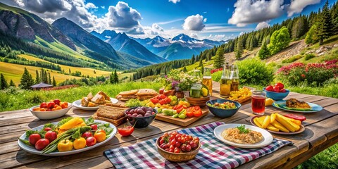 Vibrant Summer Feast Amidst the Scenic Beauty of Kangamagus Pass: Fresh Produce, Grilled Delights, and Colorful Salads Surrounded by Lush Greenery and Majestic Mountains