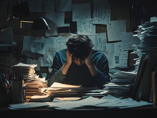 Messy office desk working man stressed frustration overwhelm burnout, paper files folders, stress work overtime busy businessman, finance business worker headache mental health balance high pressure