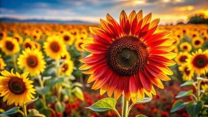 Obraz premium Vibrant Sunflower Field: Red and Yellow Blooms - Summer Photography