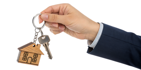 hand holding house keys with keychain isolated white background.AI GENERATED