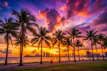 Vibrant Sunset Over Miami Beach with Palm Trees and City Skyline in the Background, Capturing the Essence of Florida's Coastal Lifestyle and Natural Beauty