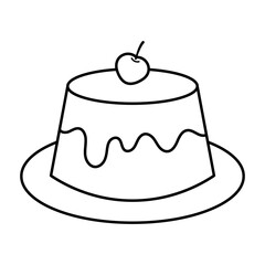 Dessert Pudding with Cherry Vector Illustration. This vector illustration shows a simple black and white line art of a dessert pudding placed on a plate.