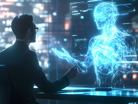 Futuristic AI technology artificial intelligence human people interaction talk interact conversation data information machine learning digital collaborate integration future work