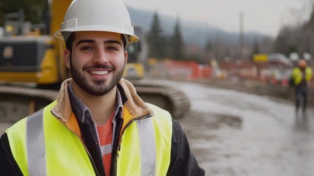 Smiling Construction Worker with Hard Hat at Worksite